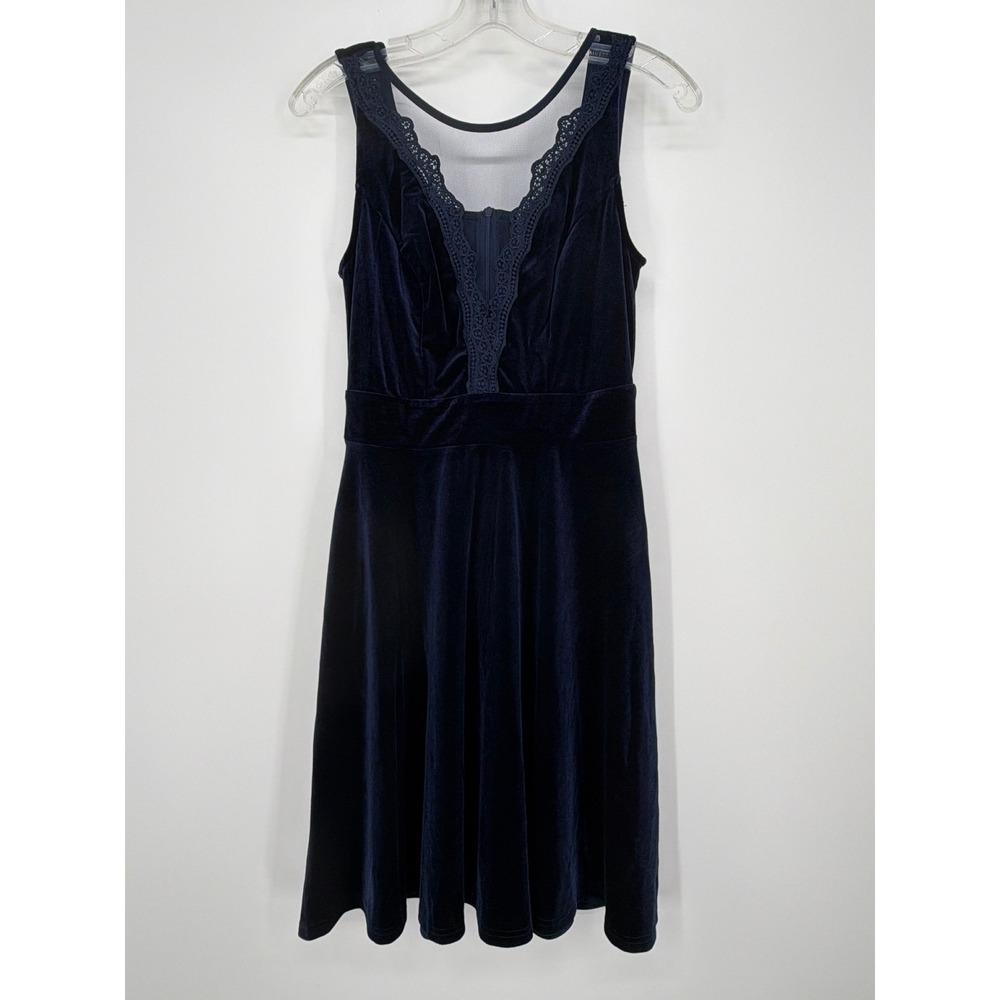 Grace Karin Velvet Cocktail Dress Womens S Navy Blue NEW Lace Trim V-Neck